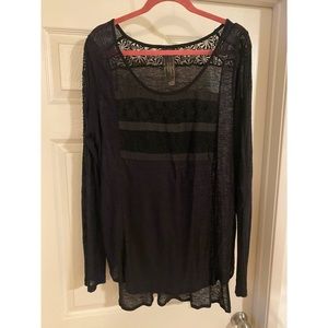 FREE PEOPLE - NEW ROMANTICS - Black Long sleeve sheer top w/floral lace design